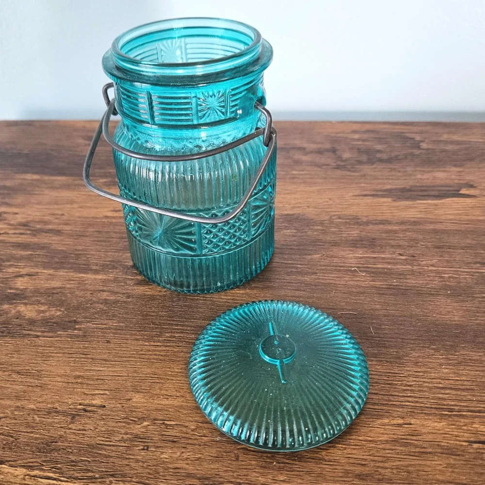 Vintage Avon Teal Blue Glass Jar Wire Bail Handle Sunburst Daisy Button Pattern